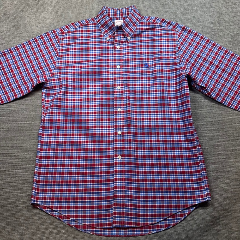Brooks Brothers Button Down Shirt Mens M Red Blue Plaid Supima Cotton